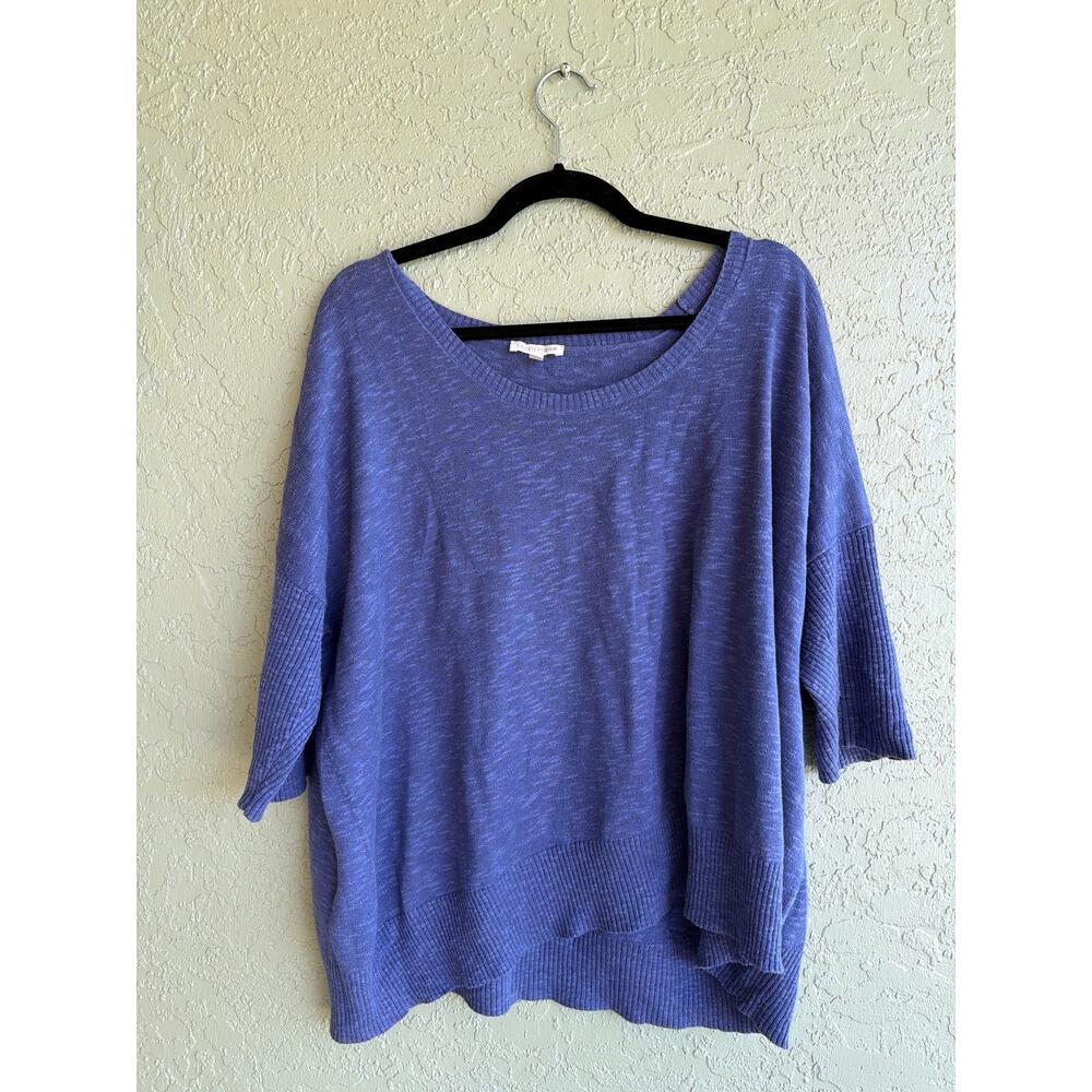 Eileen Fisher Sweater Womens L Blue Linen Cotton Boxy Ribbed 3/4 Dolman Sleeve - Picture 2 of 8